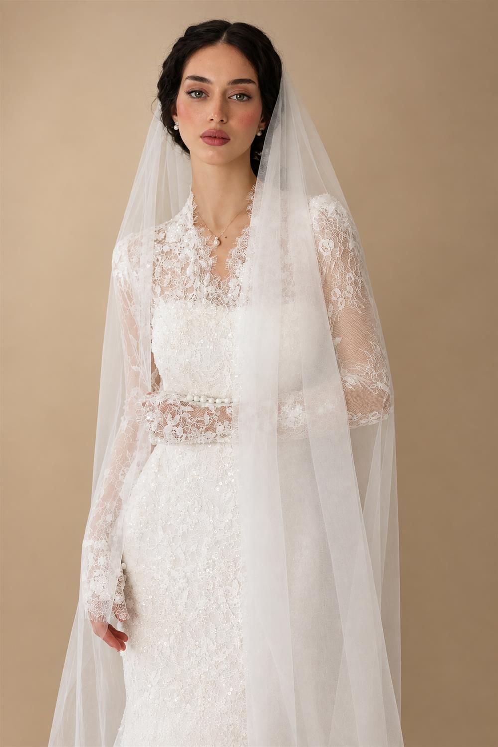 Elegant Ivory Lace High Neck Long Sleeve Train Mermaid Wedding Dress with Veil ZP108