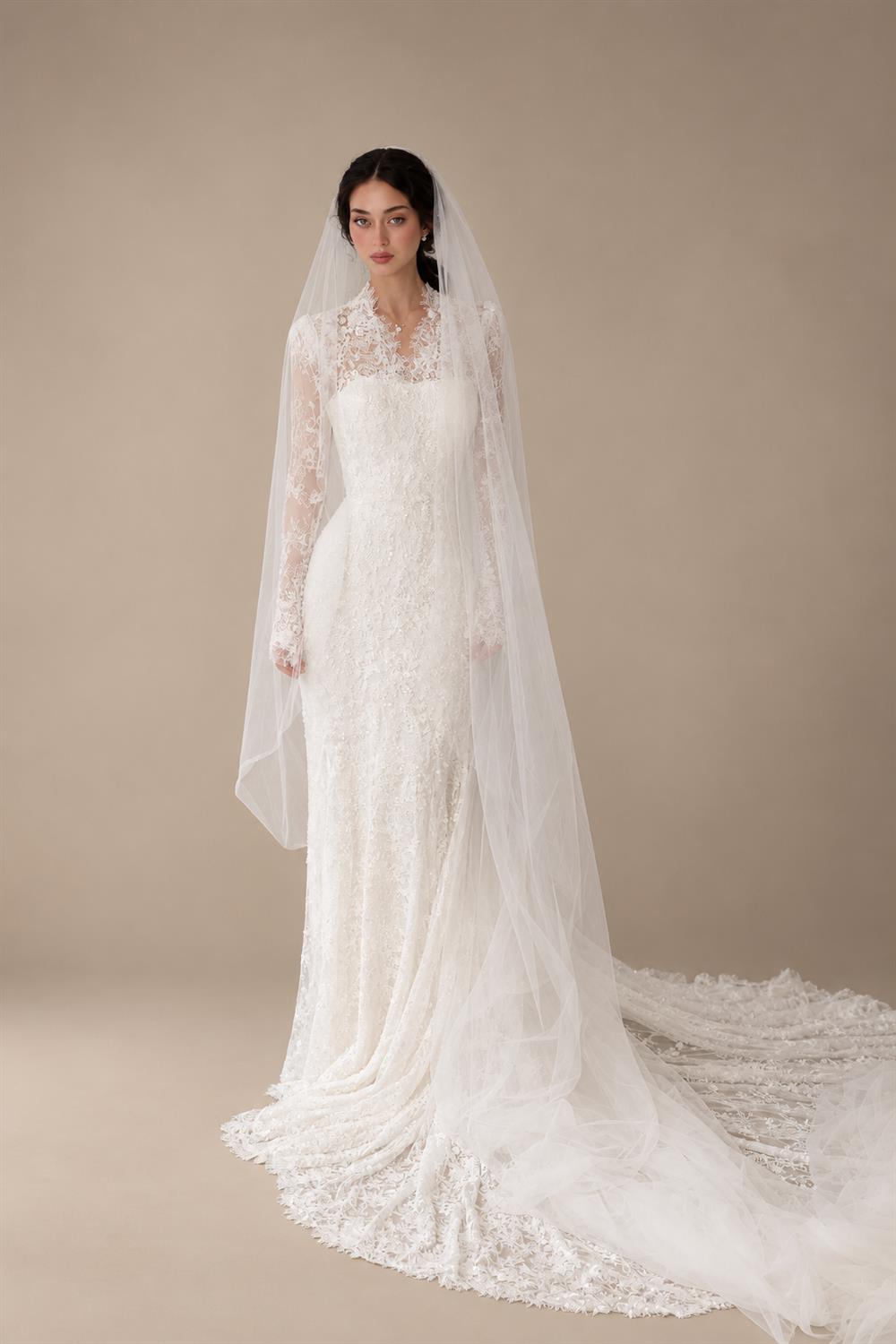 Elegant Ivory Lace High Neck Long Sleeve Train Mermaid Wedding Dress with Veil ZP108