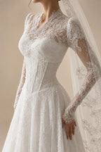 Romantic White Lace Long Sleeve A-Line Wedding Dress with Veil ZP109