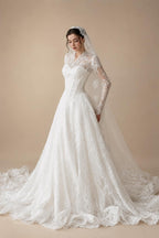 Romantic White Lace Long Sleeve A-Line Wedding Dress with Veil ZP109