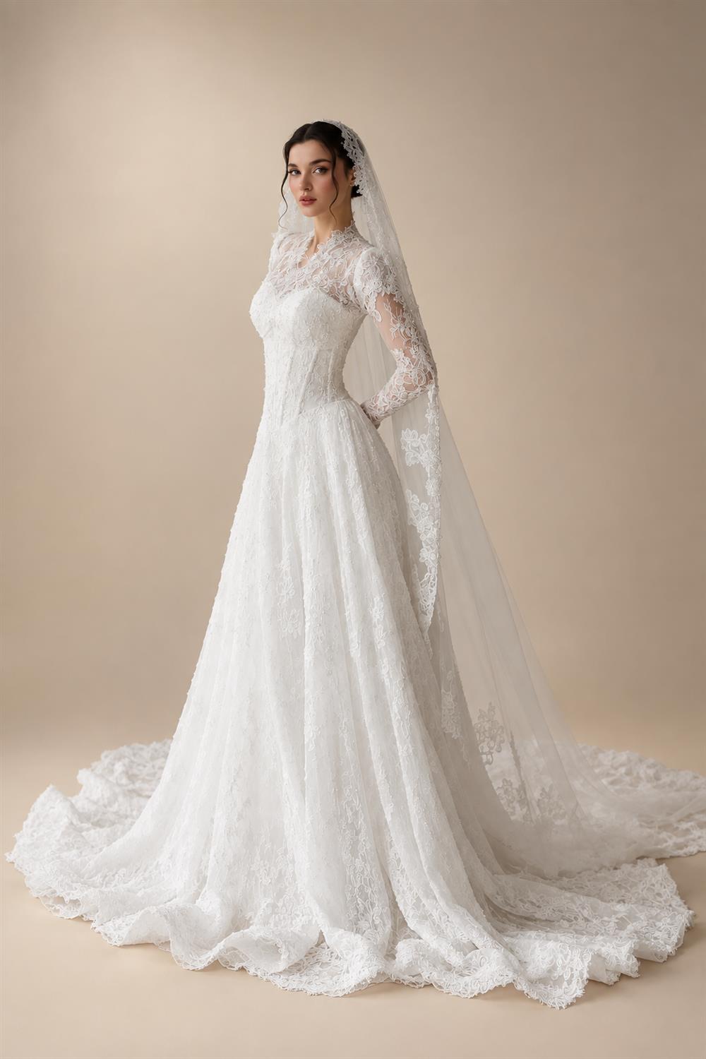 Romantic White Lace Long Sleeve A-Line Wedding Dress with Veil ZP109