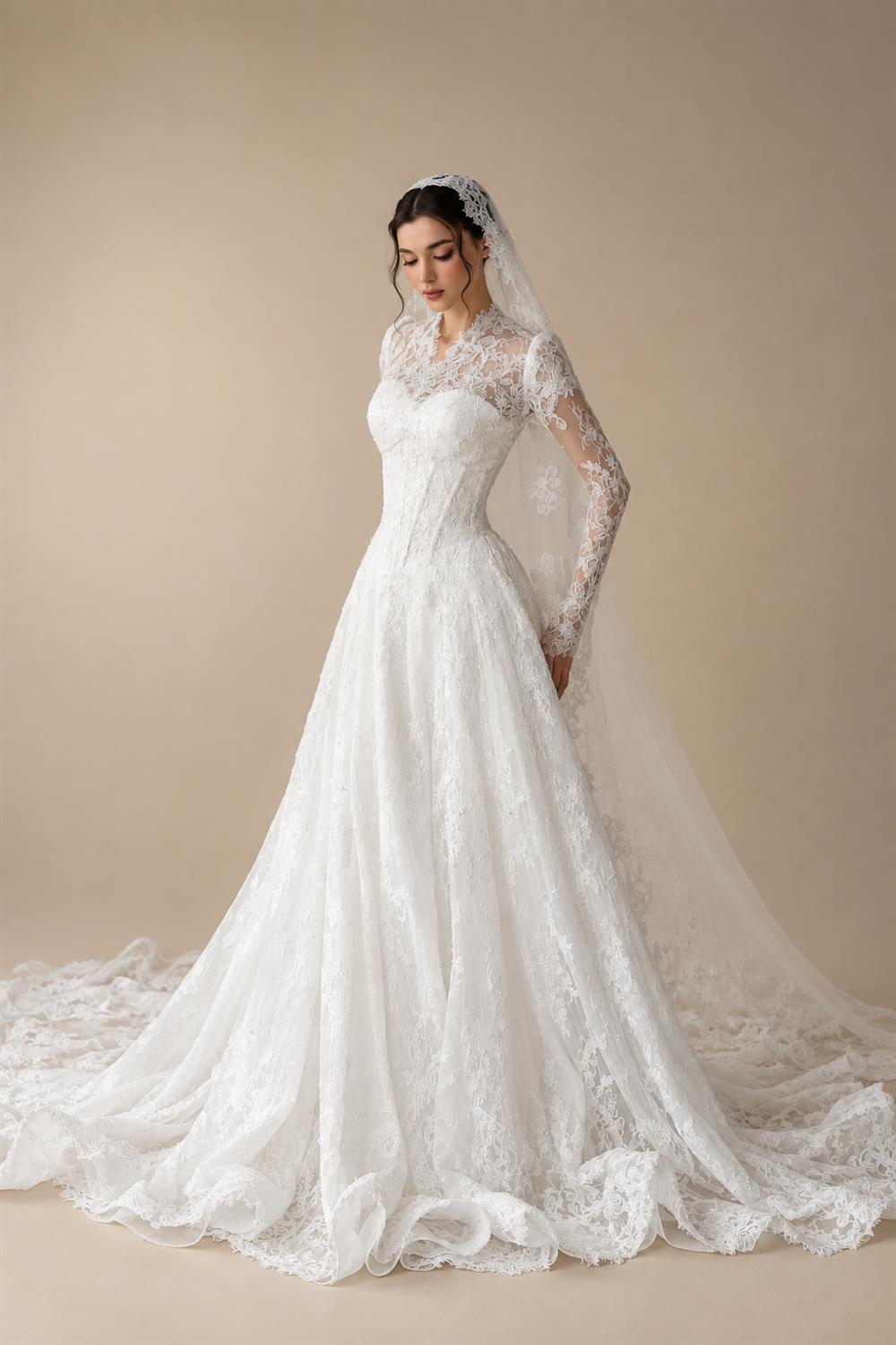 Romantic White Lace Long Sleeve A-Line Wedding Dress with Veil ZP109