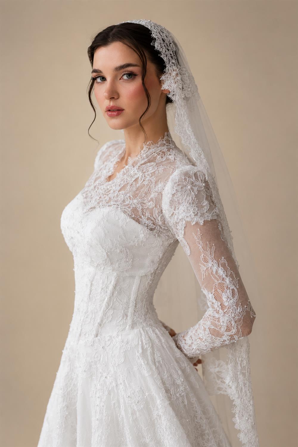 Romantic White Lace Long Sleeve A-Line Wedding Dress with Veil ZP109