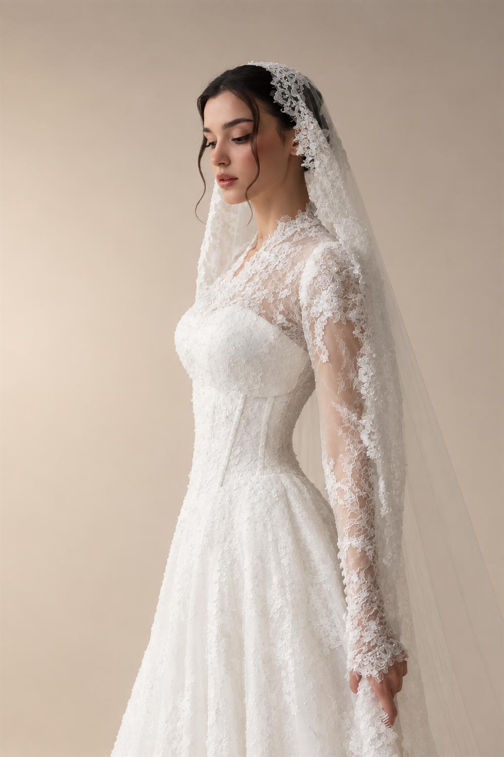 Romantic White Lace Long Sleeve A-Line Wedding Dress with Veil ZP109