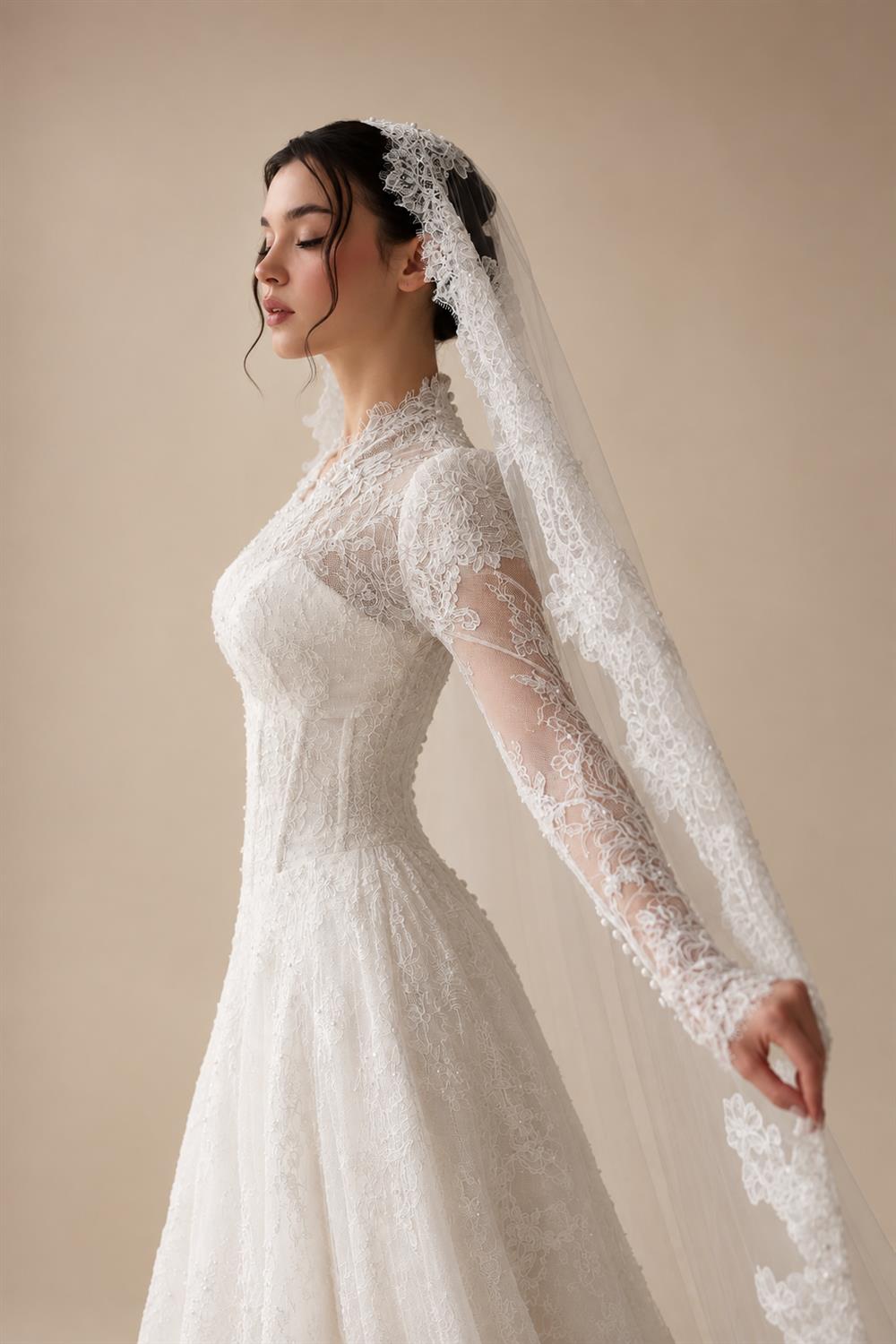 Romantic White Lace Long Sleeve A-Line Wedding Dress with Veil ZP109
