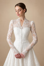 Vintag White Lace High Neck Long Sleeve A-Line Wedding Dress with Train ZP110