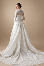 Vintag White Lace High Neck Long Sleeve A-Line Wedding Dress with Train ZP110