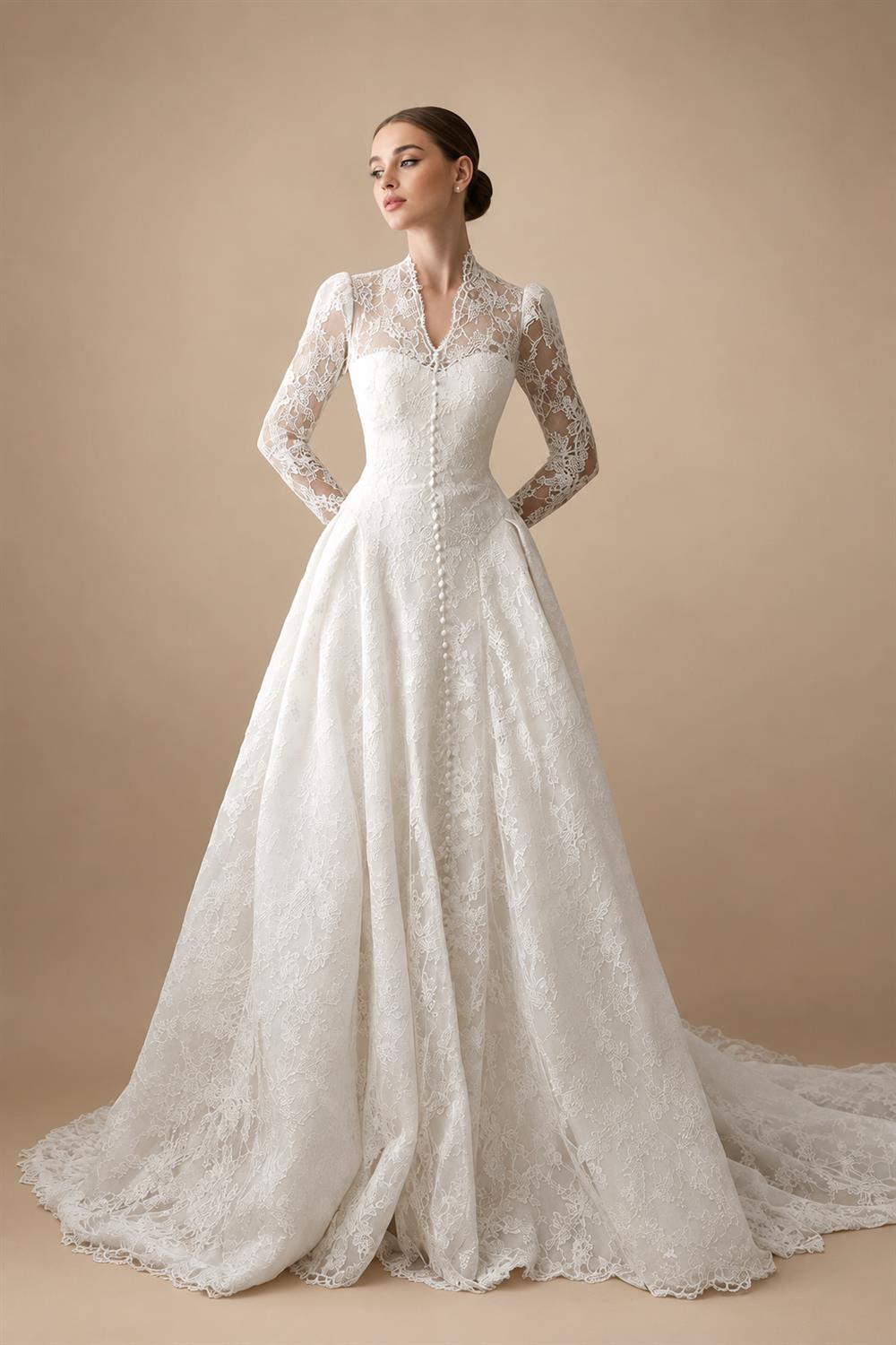 Vintag White Lace High Neck Long Sleeve A-Line Wedding Dress with Train ZP110