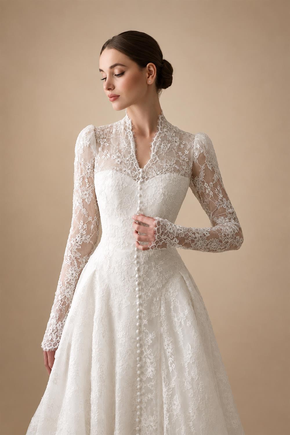 Vintag White Lace High Neck Long Sleeve A-Line Wedding Dress with Train ZP110