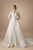 Vintag White Lace High Neck Long Sleeve A-Line Wedding Dress with Train ZP110