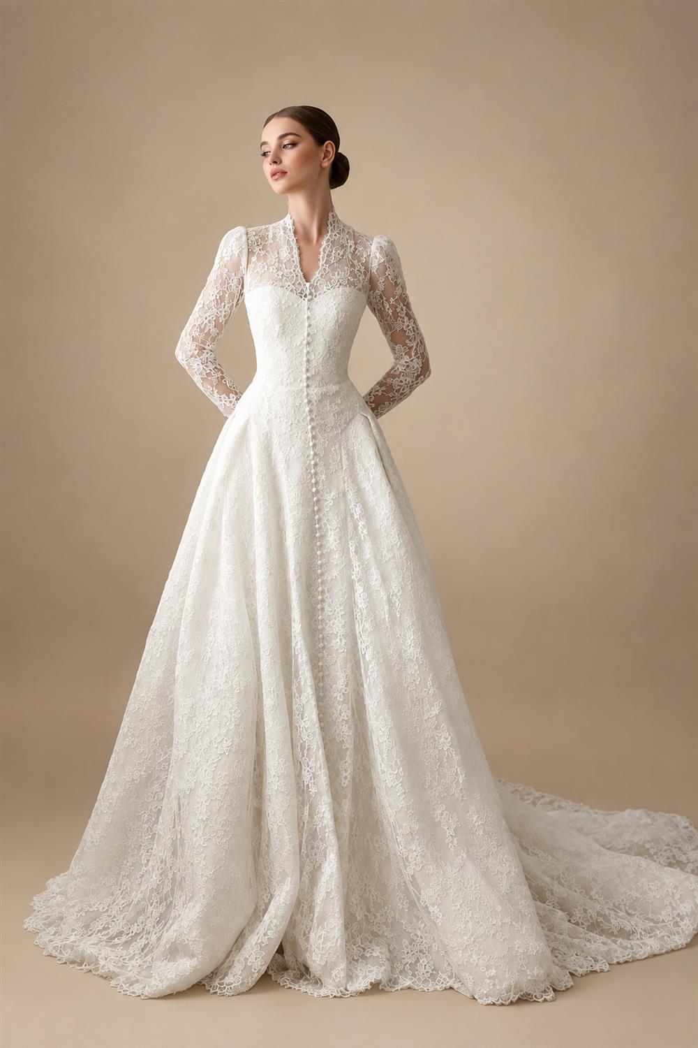 Vintag White Lace High Neck Long Sleeve A-Line Wedding Dress with Train ZP110