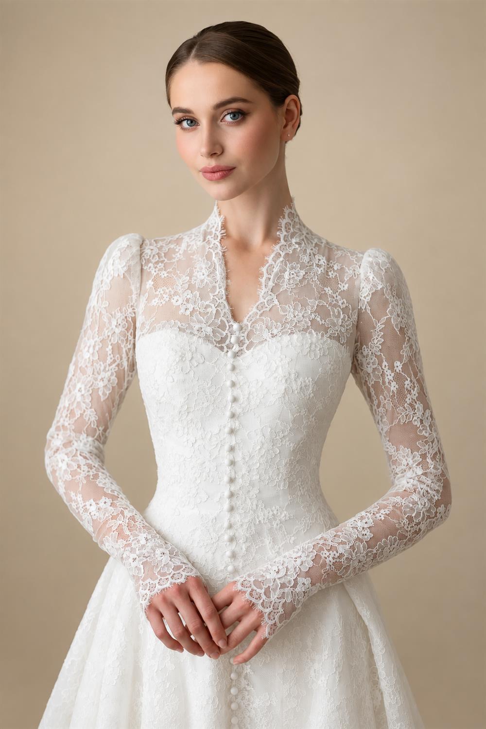 Vintag White Lace High Neck Long Sleeve A-Line Wedding Dress with Train ZP110