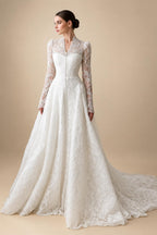Vintag White Lace High Neck Long Sleeve A-Line Wedding Dress with Train ZP110