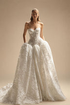 Bohemian Ivory Lace Strapless Ball Gown Wedding Dress ZP112