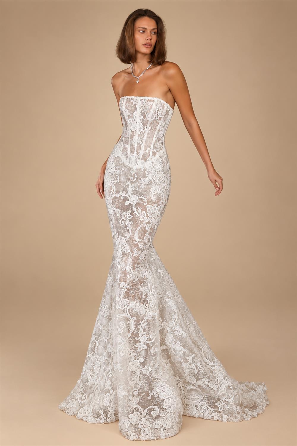 Vintage Ivory Lace Strapless Mermaid Wedding Dress ZP115