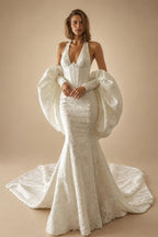 Elegant Ivory Halter Neck Puff Sleeve Mermaid Wedding Dress with Train ZP116