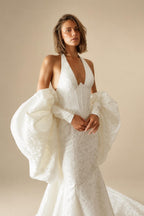 Elegant Ivory Halter Neck Puff Sleeve Mermaid Wedding Dress with Train ZP116