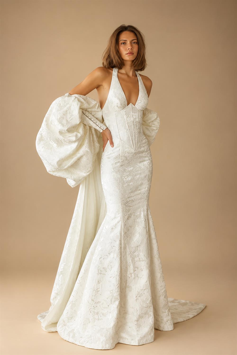 Elegant Ivory Halter Neck Puff Sleeve Mermaid Wedding Dress with Train ZP116