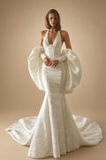 Elegant Ivory Halter Neck Puff Sleeve Mermaid Wedding Dress with Train ZP116