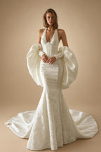 Elegant Ivory Halter Neck Puff Sleeve Mermaid Wedding Dress with Train ZP116