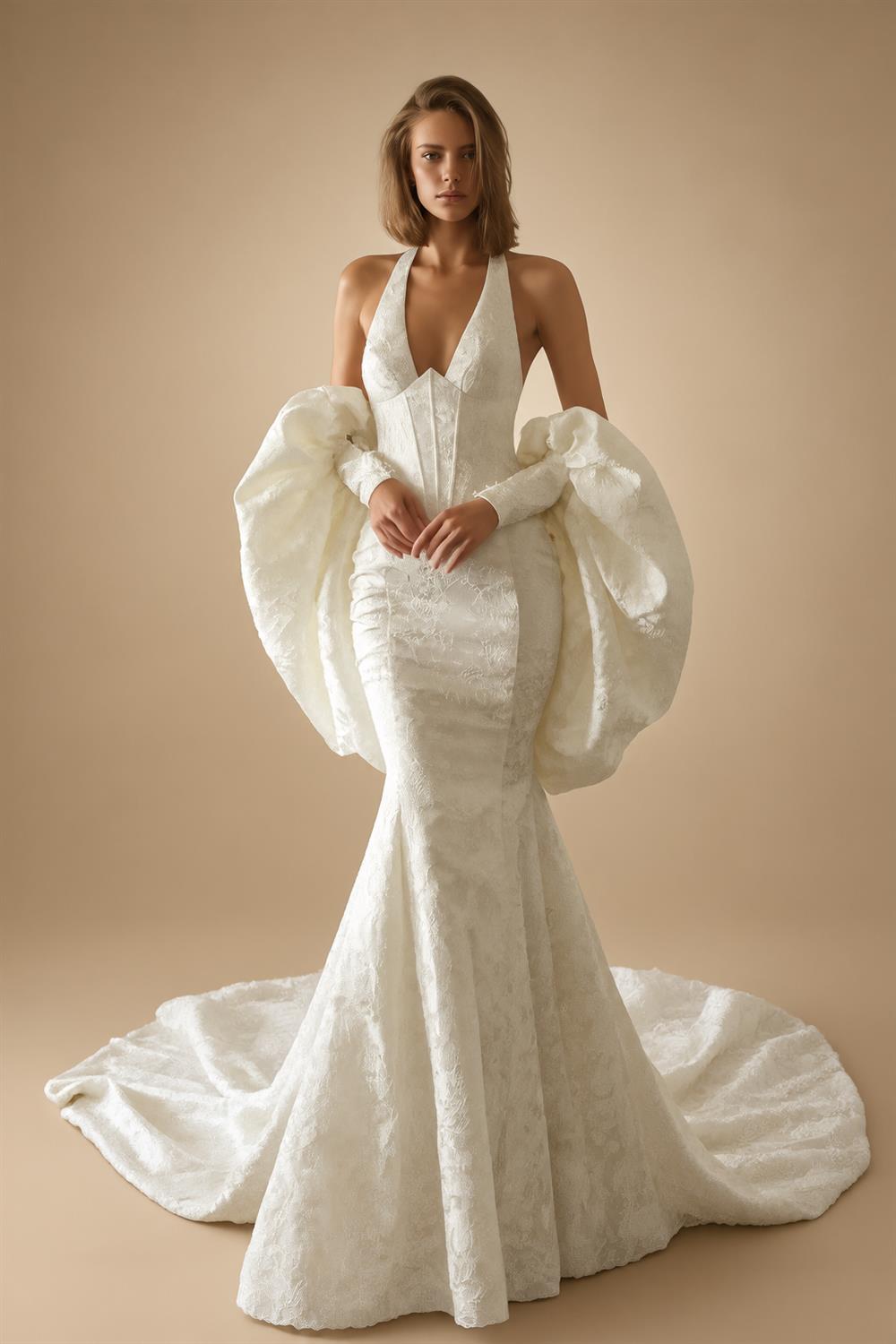 Elegant Ivory Halter Neck Puff Sleeve Mermaid Wedding Dress with Train ZP116