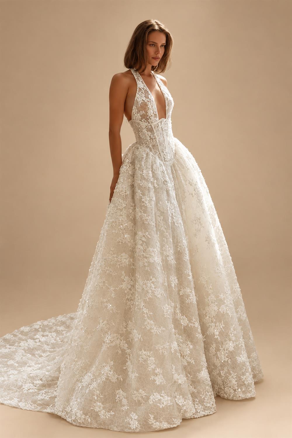 Modern Ivory Lace Deep V-Neck Halter Ball Gown Wedding Dress with Train ZP119