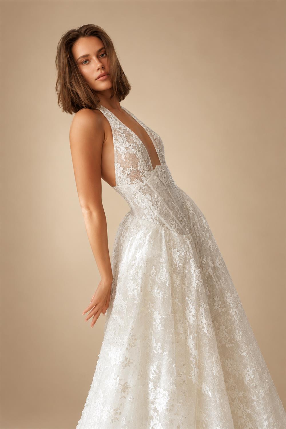 Modern Ivory Lace Deep V-Neck Halter Ball Gown Wedding Dress with Train ZP119