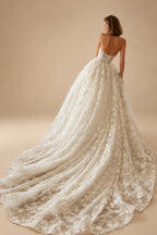 Modern Ivory Lace Deep V-Neck Halter Ball Gown Wedding Dress with Train ZP119