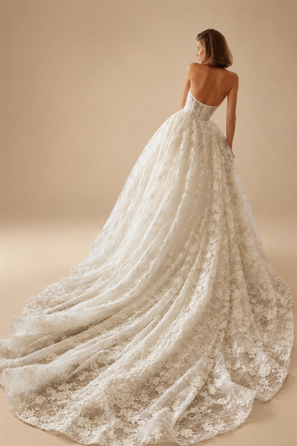 Modern Ivory Lace Deep V-Neck Halter Ball Gown Wedding Dress with Train ZP119