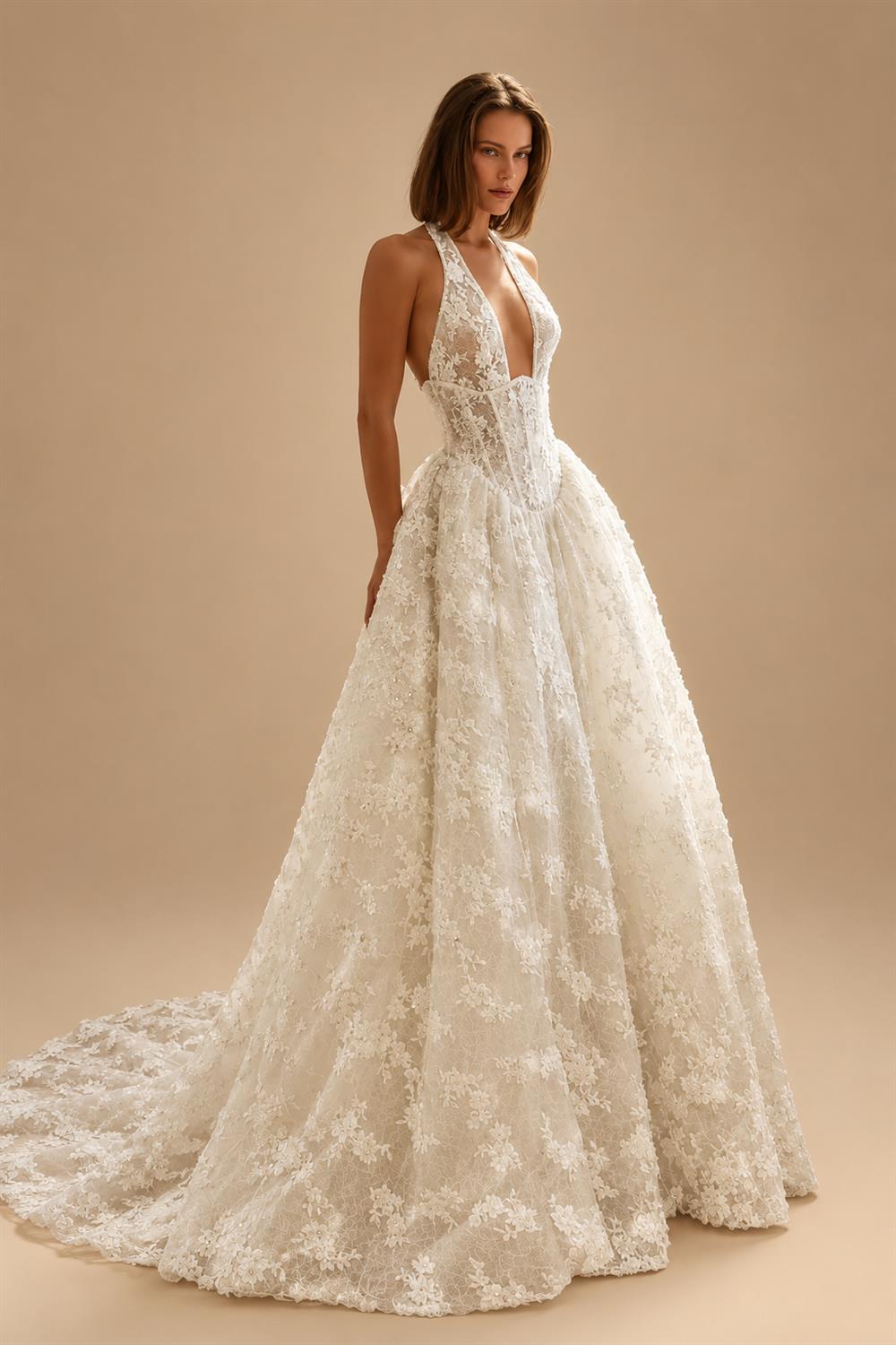 Modern Ivory Lace Deep V-Neck Halter Ball Gown Wedding Dress with Train ZP119