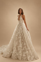 Modern Ivory Lace Deep V-Neck Halter Ball Gown Wedding Dress with Train ZP119