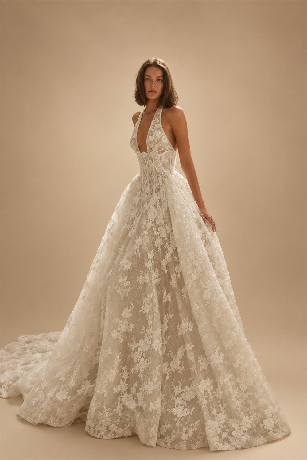 Modern Ivory Lace Deep V-Neck Halter Ball Gown Wedding Dress with Train ZP119