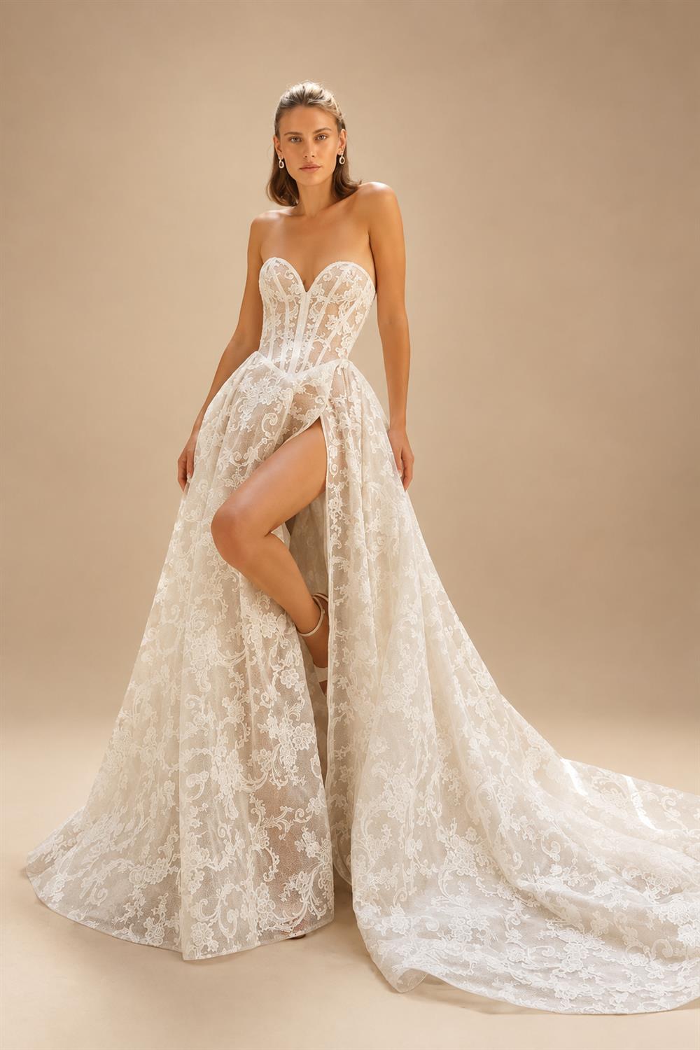 Bohemian Ivory Lace Sweetheart Neck High Slit Mermaid Wedding Dress ZP121