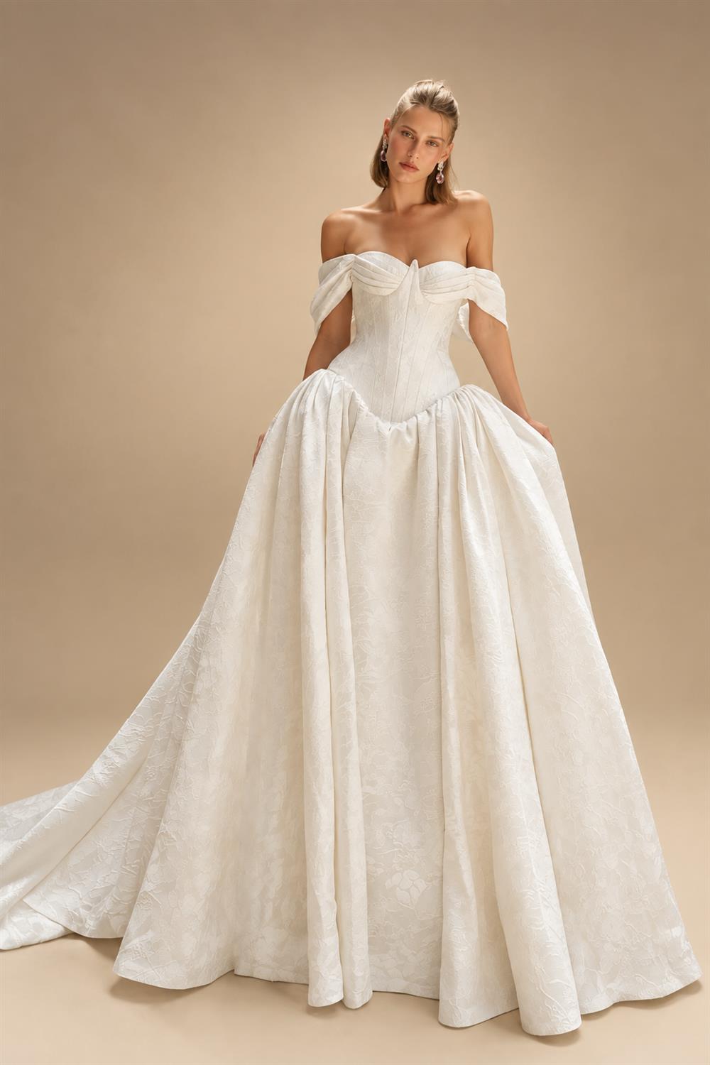 Romantic White Satin Off-the-Shoulder Ball Gown Wedding Dress with Train ZP123