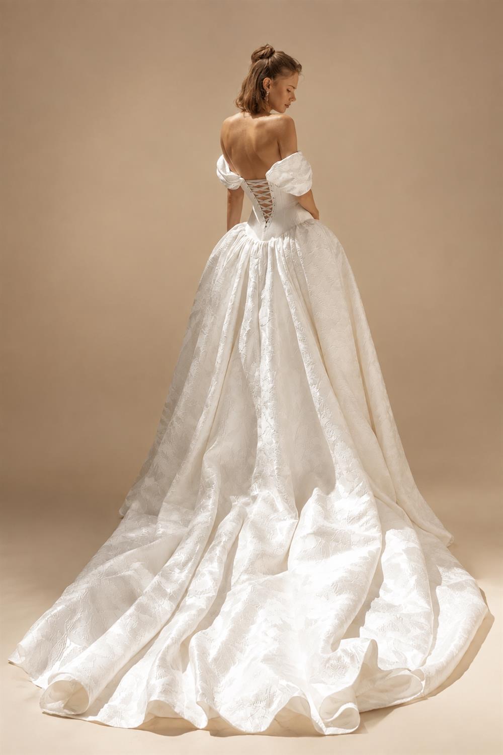 Romantic White Satin Off-the-Shoulder Ball Gown Wedding Dress with Train ZP123