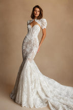 Vintage Ivory Lace High Neck Puff Sleeve Backless Mermaid Wedding Dress ZP124