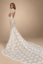 Vintage Ivory Lace High Neck Puff Sleeve Backless Mermaid Wedding Dress ZP124