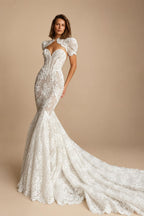 Vintage Ivory Lace High Neck Puff Sleeve Backless Mermaid Wedding Dress ZP124