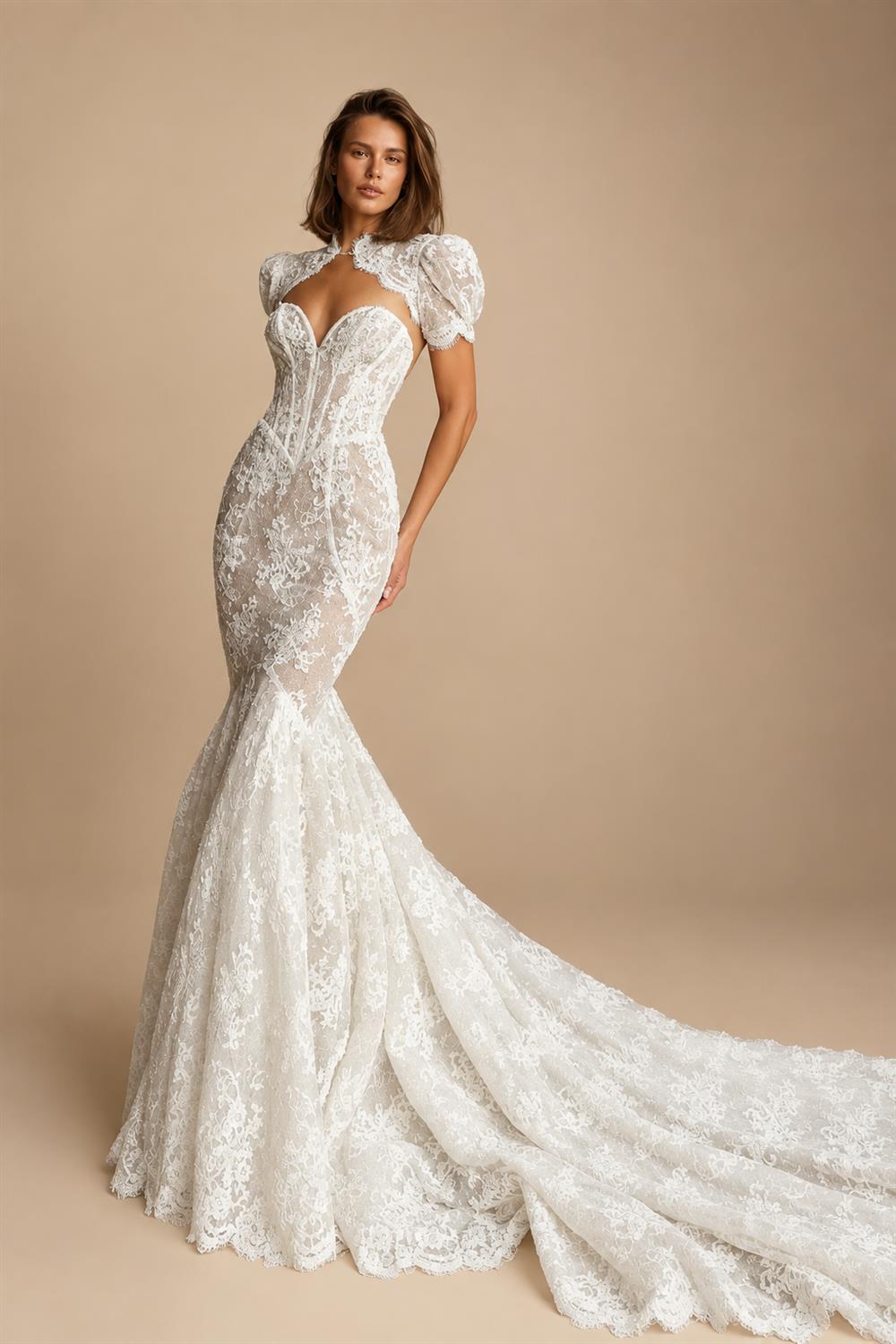 Vintage Ivory Lace High Neck Puff Sleeve Backless Mermaid Wedding Dress ZP124