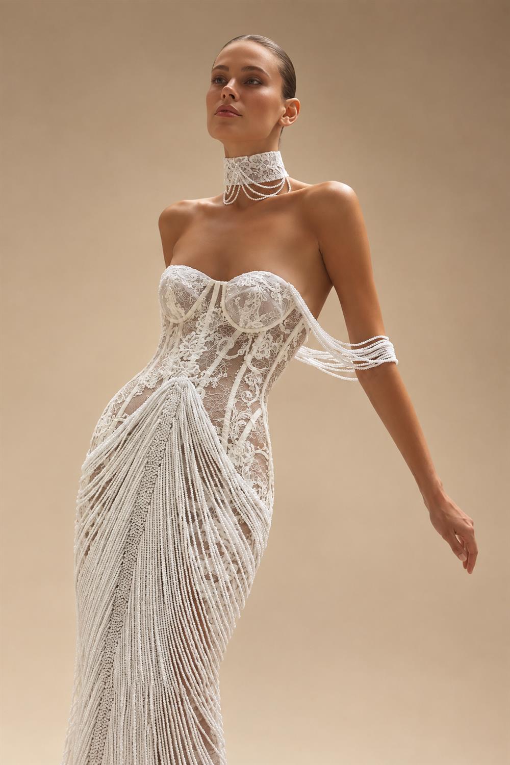 Elegant Ivory Sheer Lace Sweetheart Neck Fringe Mermaid Wedding Dress with Choker ZP125