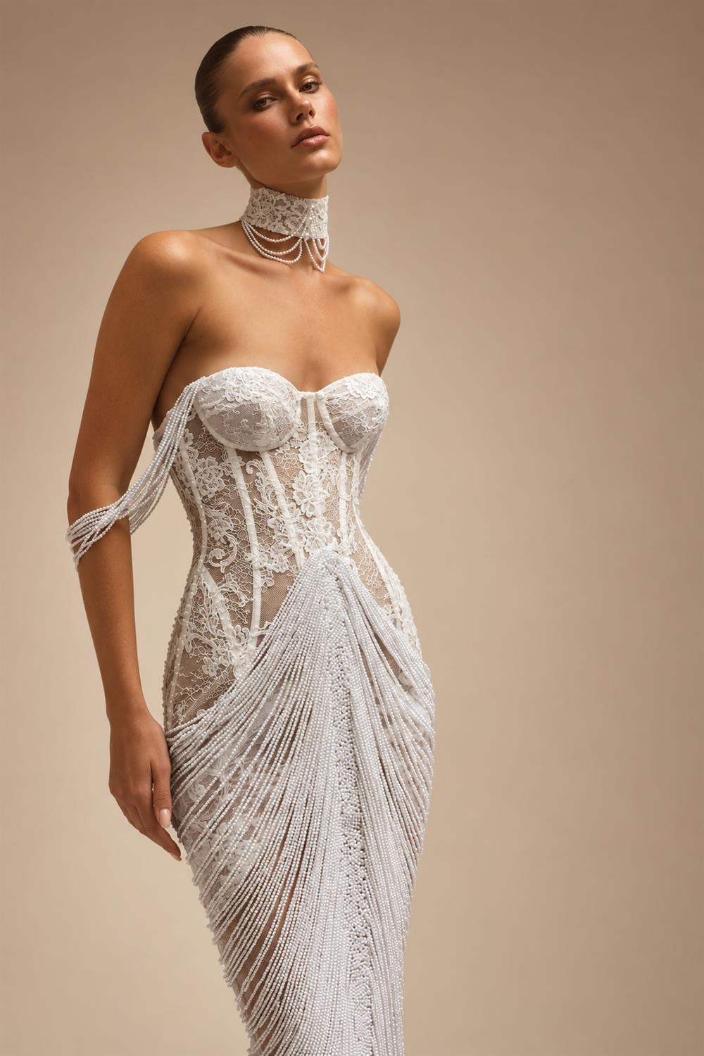 Elegant Ivory Sheer Lace Sweetheart Neck Fringe Mermaid Wedding Dress with Choker ZP125