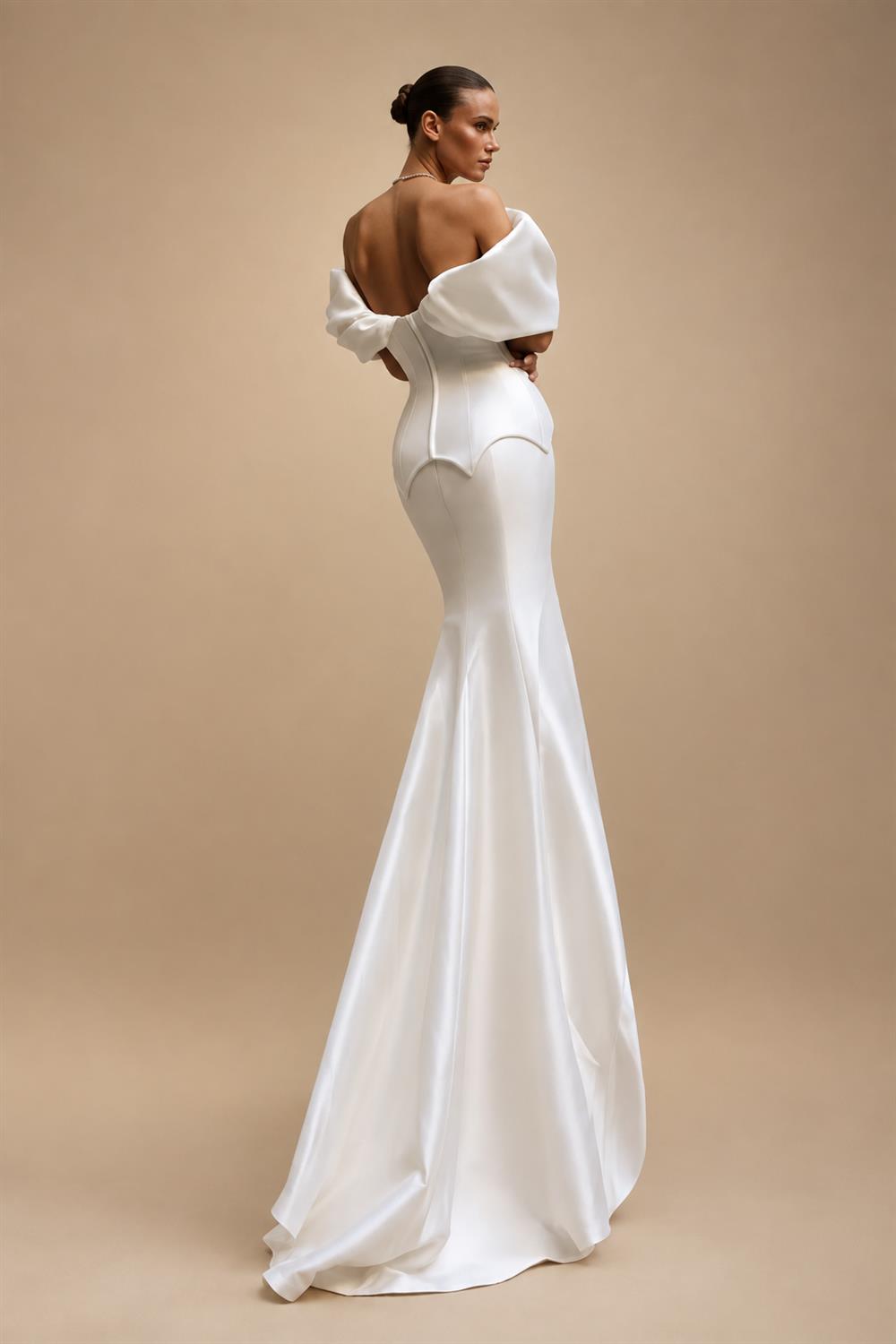 Luxury White Satin Off-the-Shoulder Puff Sleeve Mermaid Wedding Dress ZP126