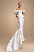 Luxury White Satin Off-the-Shoulder Puff Sleeve Mermaid Wedding Dress ZP126