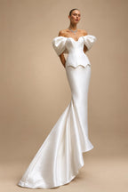 Luxury White Satin Off-the-Shoulder Puff Sleeve Mermaid Wedding Dress ZP126