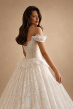 Opulent Ivory Off-the-Shoulder Beaded Lace Tulle Ball Gown Wedding Dress ZP127