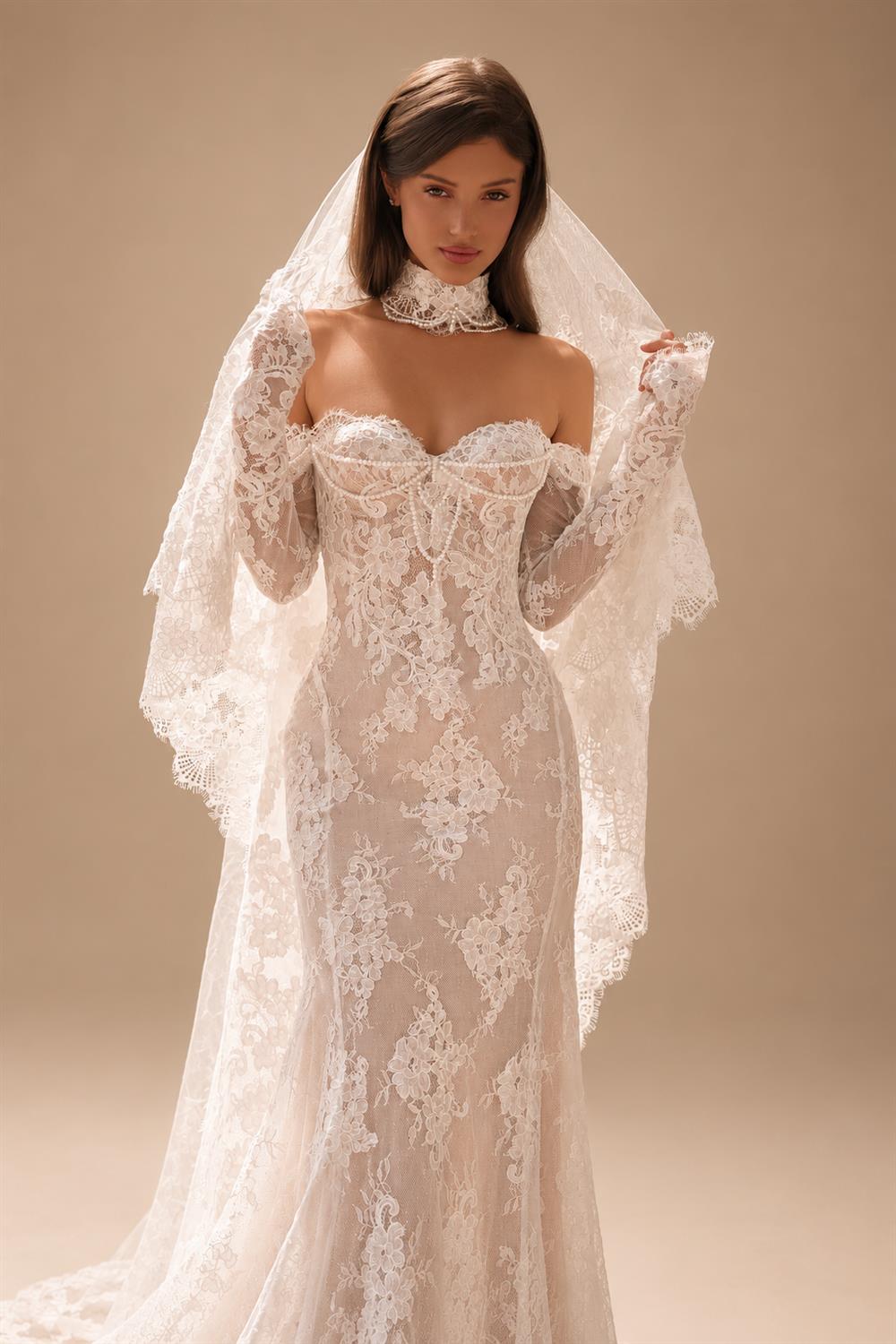 Elegant Ivory Sweetheart Neckline Sheer Lace Mermaid Wedding Dress with Veil ZP133