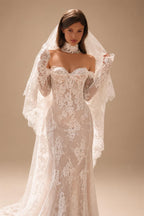 Elegant Ivory Sweetheart Neckline Sheer Lace Mermaid Wedding Dress with Veil ZP133