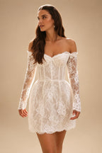 Luxury Ivory Off-the-Shoulder Long Sleeve Lace Mini Wedding Dress ZP134