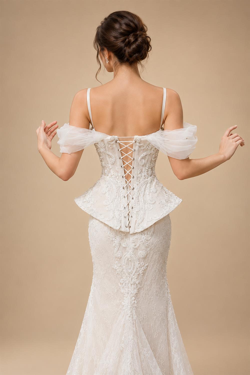 Luxury Ivory Off-the-Shoulder Lace Corset Tulle Train Wedding Dress ZP135