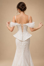 Luxury Ivory Off-the-Shoulder Lace Corset Tulle Train Wedding Dress ZP135